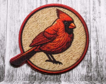 Parche de cardenal/Parche termoadhesivo/Regalo para observación de aves/Insignia de naturaleza/Ave del bosque/Senderismo y acampada/Aplique para coser en ropa, mochilas y bolsas de mano