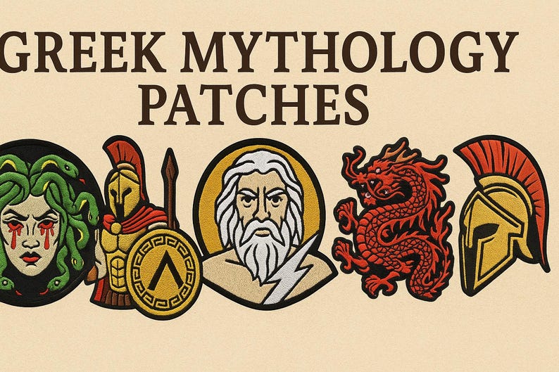 Może przedstawiać: Haftowane naszywki przedstawiające postacie z mitologii greckiej. Zawiera Meduzę, spartańskiego wojownika, Zeusa, czerwonego smoka i hełm spartański. U g&oacute;ry znajduje się napis "GREEK MYTHOLOGY PATCHES".