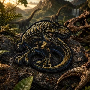 Könnte beinhalten: Ein kreisförmiger bestickter Aufnäher mit einem detaillierten goldgelben und schwarzen Tyrannosaurus Rex in dynamischer Pose, mit geöffnetem Maul, scharfen Zähnen und texturierten Schuppen vor einem dunklen Hintergrund.