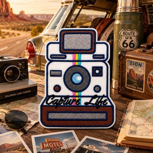 Camera Patch Embroidered Iron-on/Sew-on Applique for Vest Jacket Clothing Backpack, Capture Life, Polaroid, Seek Adventure Badge, Nature DIY