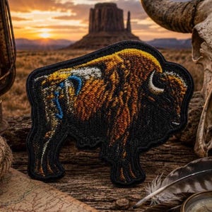 May include: An embroidered patch shaped like a bison, featuring a black background with detailed stitching in shades of brown, gold, and blue. The design depicts the animal in profile, showcasing its thick fur, curved horn, and sturdy build.