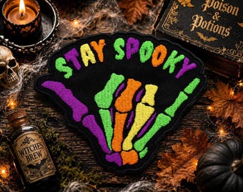 Stay Spooky Skeleton Hand Patch Embroidered Iron-on/Sew-on Applique for Vest Jacket Bag Clothing Backpack, Halloween, Colorful, Hang Ten