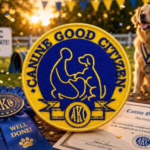 Puede incluir: Un parche bordado circular con un centro azul y un borde amarillo, que muestra la silueta amarilla de una persona y un perro. El texto CANINE GOOD CITIZEN y AKC está bordado en azul. También se ven una cinta azul y un certificado.