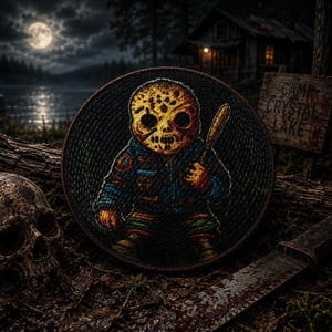 May include: A circular embroidered patch featuring a stylized character with a yellow, hole-riddled hockey mask, wearing a blue jacket and holding a baseball bat. The design is set against a dark, textured background with intricate stitching details.