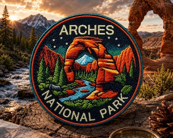 May include: Embroidered patch featuring the Arches National Park landscape. The circular patch displays the park's iconic arch, a river, and mountains, with the text "ARCHES NATIONAL PARK". The patch is set against a backdrop of a sunset, a map, and a compass.