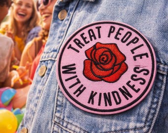 Treat People With Kindness Patch Embroidered Iron-on Applique for Jacket, Clothing, Backpack, Tote Bag, Vest, boho floral, red rose badge
