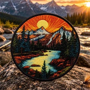Puede incluir: Un parche bordado circular que presenta un paisaje con un sol amarillo brillante saliendo sobre montañas nevadas, un río que fluye y pinos de color verde oscuro. El bordado utiliza hilos vibrantes en tonos naranja, amarillo, azul y verde.