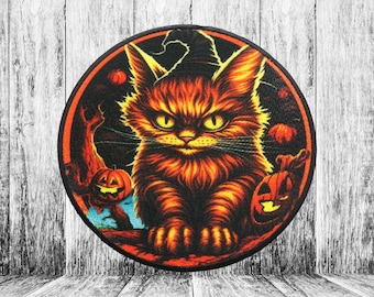 Witchy Cat Patch/Iron-on Patch/Halloween Gift/spooky cat/Glowing Jack-o-lantern/Sew-On Applique for Clothing Costume Trick or Treat Bag