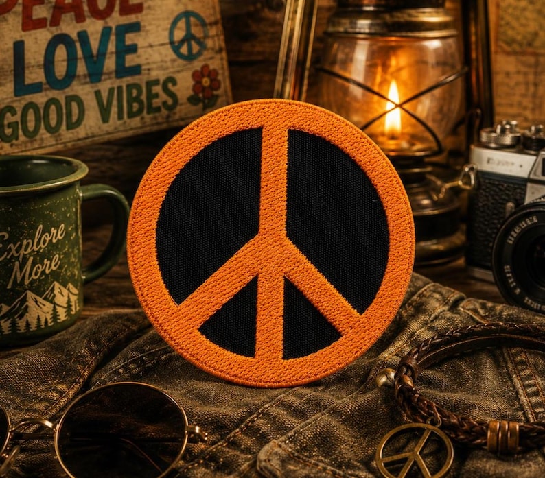 May include: A round, orange and black peace sign patch. The patch is on a denim jacket, with a vintage aesthetic. Other items in the image include a green mug, sunglasses, and a leather bracelet with a peace sign charm.