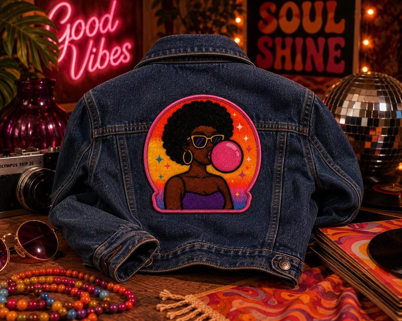 Pode incluir: Um casaco de ganga azul escuro com um grande emblema bordado nas costas. O emblema retrata uma pessoa com penteado afro, &oacute;culos de sol amarelos e brincos de argola, a soprar uma pastilha el&aacute;stica cor-de-rosa contra um p&ocirc;r do sol.