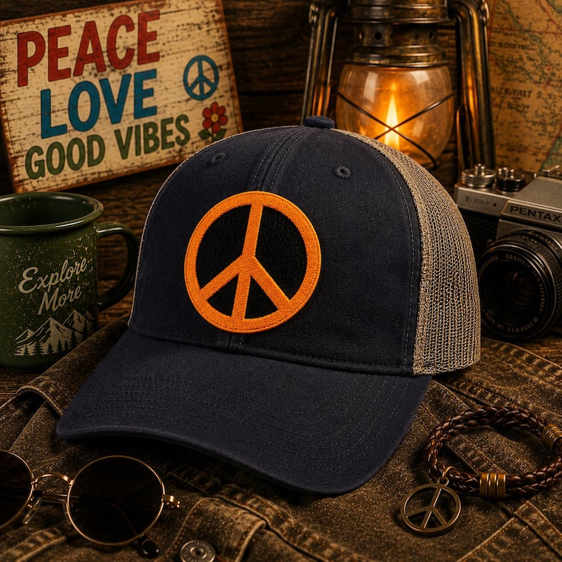 May include: Navy blue trucker hat with an orange peace sign patch. The hat has a tan mesh back and a curved brim. A wooden sign with the words "PEACE LOVE GOOD VIBES" is in the background. The hat is part of a collection of peace-themed items.