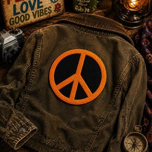 May include: Brown denim jacket with a large peace sign patch on the back. The patch is black with an orange outline. The jacket has a corduroy collar and buttoned cuffs. A wooden sign with the words "PEACE LOVE GOOD VIBES" is in the background.