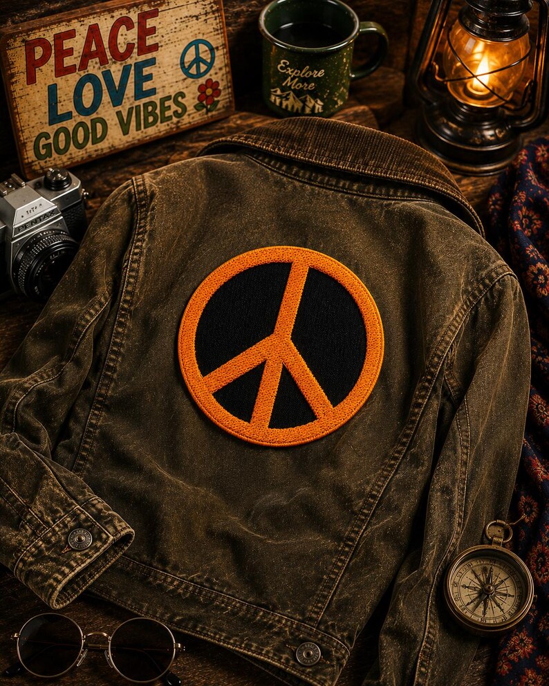May include: Brown denim jacket with a large peace sign patch on the back. The patch is black with an orange outline. The jacket has a corduroy collar and buttoned cuffs. A wooden sign with the words "PEACE LOVE GOOD VIBES" is in the background.