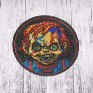 Evil Doll Patch Iron-on Applique for Jacket, Clothing, Backpack, Tote Bag, Vest, red hair, scary toy, cursed face, possessed horror badge