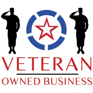 May include: A red, white and blue logo with a star in the centre and two silhouettes of people saluting. The text below reads "Veteran Owned Business".