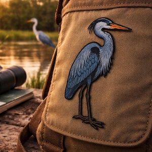 Huge Great Blue Heron Bird Iron on Patch/Nature Badge/Bird Watching/Sew-On Applique for Clothing Vest/Jackets Backpacks Tote Bags Gear