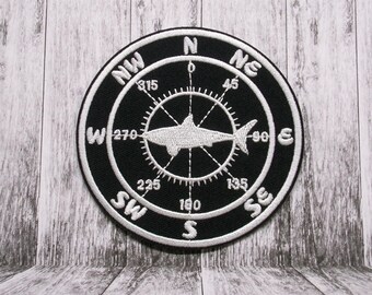 Bússola Patch Tubarão Bordado Ferro/Costura DIY Aplique para Colete Jaqueta Roupas Mochila, Náutico, Busca Aventura, Tartaruga, Polvo