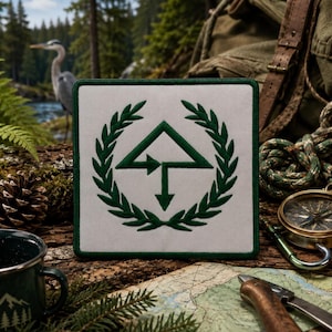 May include: A square patch with a light gray background and a dark green border. The center features an embroidered dark green design of a laurel wreath encircling a geometric symbol composed of a triangle and arrows pointing in three directions.