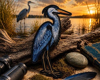 Huge Great Blue Heron Bird Iron on Patch/Nature Badge/Bird Watching/Sew-On Applique for Clothing Vest/Jackets Backpacks Tote Bags Gear