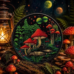 May include: A round, black patch featuring a colorful embroidered mushroom scene with red-capped mushrooms, green trees, and a starry sky. A lit lantern and real mushrooms surround the patch, creating a whimsical, forest-like aesthetic.