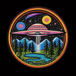 UFO Patch Iron-on/Sew-on Applique for Vest Jacket Clothing Backpack, Decorative Badge, Sci fi, Space Planets Stars, Alien Invasion, Saucer