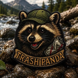Puede incluir: Un parche bordado que muestra un mapache con una gorra de béisbol verde y sosteniendo una lata de aluminio aplastada. El mapache tiene pelaje marrón y negro, y una cinta en la parte inferior muestra el texto TRASH PANDA en letras amarillas.