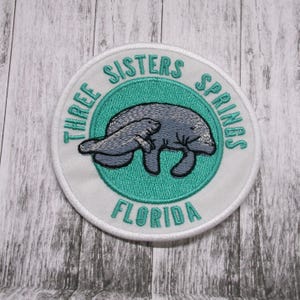 Three Sisters Springs Patch Embroidered Iron-on Applique for Jacket, Backpack, Clothing, Tote Bag, Florida manatee, travel, aquatic wildlife