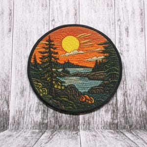 Outdoor Nature Patch Iron-on/Sew-on Applique for Clothing Vest Backpack, Mountain Badge, River, Sunset, Seek Adventure, Explore More