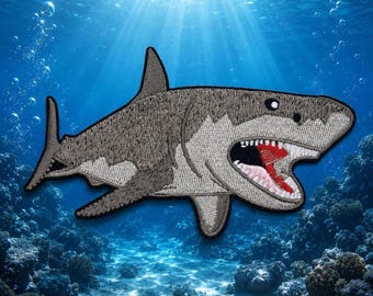 Megalodon-Hai-Aufnäher / Aufbügelbarer Aufnäher / Urzeitlicher Raubtier / Geschenk für Taucher / Hai-Liebhaber / Aufnäher zum Aufnähen für Kleidung, Weste, Jacke, Rucksack, Ausrüstung