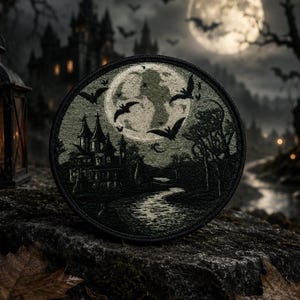 Bat Moon Patch Iron-on Applique for Jacket, Clothing, Backpack, Tote Bag, Vest, graveyard scene, eerie sky, flying bats badge, spooky moon