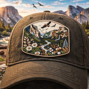 May include: A brown baseball cap with a detailed embroidered patch depicting a mountain landscape with a river, trees, and flying birds. The patch includes white daisies and other floral elements. The cap is on a wooden surface.