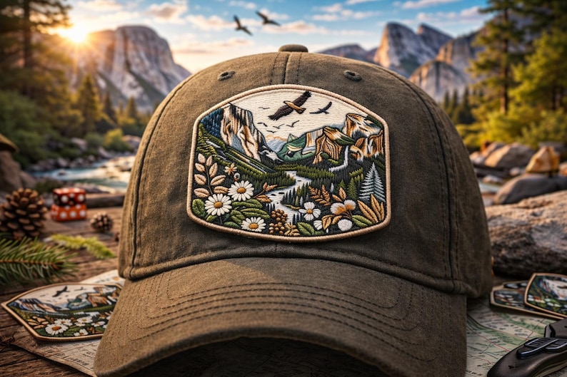 May include: A brown baseball cap with a detailed embroidered patch depicting a mountain landscape with a river, trees, and flying birds. The patch includes white daisies and other floral elements. The cap is on a wooden surface.