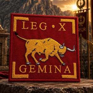 May include: A square red embroidered patch featuring a yellow bull in the centre. The text "LEG X" is stitched in yellow above the bull, and the word "GEMINA" is stitched in yellow below the bull, all framed by yellow corner brackets.