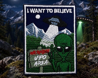 Area 51 Alien Patch/Iron-On Patch/Flying Saucer/UFO Badge/XFile/Embroidered Sew-on Applique for Clothing Vest/Jacket Hats Backpack Gear