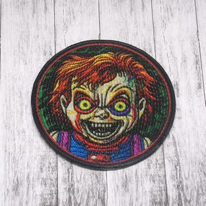 Evil Doll Patch Iron-on Applique for Jacket, Clothing, Backpack, Tote Bag, Vest, red hair, scary toy, cursed face, possessed horror badge