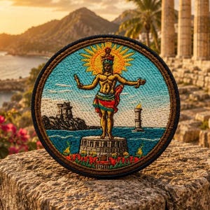 May include: A circular embroidered patch featuring a golden figure standing on a stone pedestal with a radiant sun halo. The scene includes a blue sea, a distant rocky island with ruins, a small lighthouse, and red flowers in the foreground.