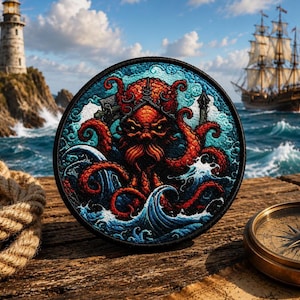Op de afbeelding: Een ronde geborduurde patch met een gedetailleerd rood octopusachtig wezen met een bebaard gezicht, omringd door kolkende blauwe oceaangolven. Het ontwerp is omlijst door een zwarte rand en toont fijn stikwerk en levendige kleuren.