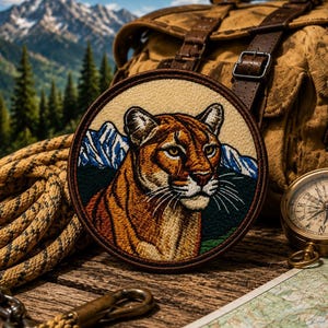May include: Embroidered patch featuring a cougar with a mountain backdrop. The patch is round with a brown border and tan background. The cougar is brown and tan with white whiskers. The patch is on a wooden surface with a compass, rope, and backpack.