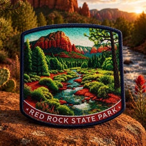 May include: Embroidered patch featuring a scenic landscape with red rock formations, a flowing river, and lush green trees. The patch is bordered in navy blue and has the text "RED ROCK STATE PARK" in white.