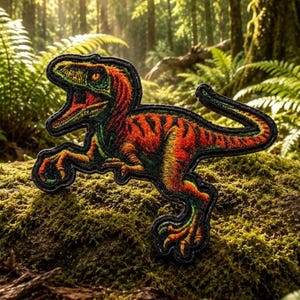 Könnte beinhalten: Ein gestickter Aufnäher, der einen Raptor-Dinosaurier in einer lebendigen Farbpalette aus Orange, Rot und Dunkelgrün zeigt. Der Dinosaurier ist in einer dynamischen Laufpose mit geöffnetem Maul dargestellt, das scharfe Zähne und einen langen Schwanz zeigt.