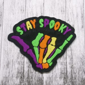 Stay Spooky Skeleton Hand Patch Embroidered Iron-on/Sew-on Applique for Vest Jacket Bag Clothing Backpack, Halloween, Colorful, Hang Ten
