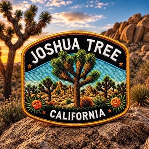 Può includere: Toppa ricamata raffigurante un paesaggio di Joshua Tree con la scritta "JOSHUA TREE CALIFORNIA". La toppa ha un bordo nero con finiture dorate, un cielo blu e dettagli di alberi di Joshua e paesaggio desertico.