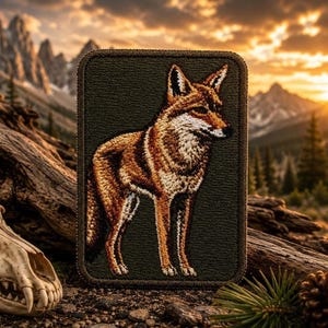 May include: A rectangular embroidered patch featuring a detailed coyote standing in profile. The coyote is rendered in shades of brown, tan, and white thread against a solid dark olive green background with a matching stitched border edge.