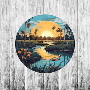 Swamp Scene Sticker, Bayou Sticker, Vinyl Stickers Decals, Nature Decal for Car Truck Window Bumper Graphics, Sunset, Wetlands, Marsh