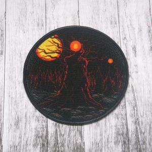 Haunted Tree Patch Iron-on Applique for Jacket, Clothing, Backpack, Tote Bag, Vest, glowing forest, creepy roots, horror woods, red moon