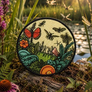 May include: A circular embroidered patch featuring a detailed nature scene with a pale yellow background. The design includes orange butterflies, various green plants, dark insects, and a prominent orange semi-circle shape at the bottom edge.