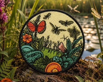 Garden Insect Patch Iron-on Applique for Jacket, Clothing, Backpack, Tote Bag, Vest, pollinator patch, bug lover, wildflower, plant life