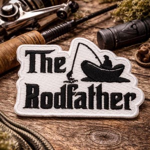 The Rodfather Patch/Iron-on Patch/Fishing Fish Gift/Sports Angler/Nature Badge/Embroidered Sew-On Applique for Clothing Vest/Jacket Backpack