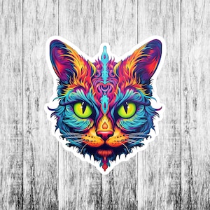 Psychedelic Cat Decal, Colorful Neon Vinyl Stickers Decals, Halloween Decal for Laptop Car Truck Window Bumper Graphics, Creepy, Spooky