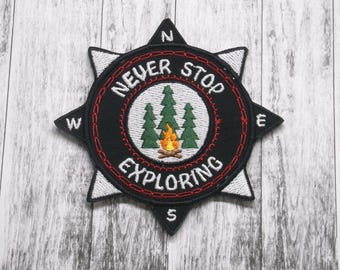 Never Stop Exploring Patch Embroidered Iron-on Applique for Jacket, Backpack, Vest, Camping Compass Badge, Adventure Gear, Exploring Hiking